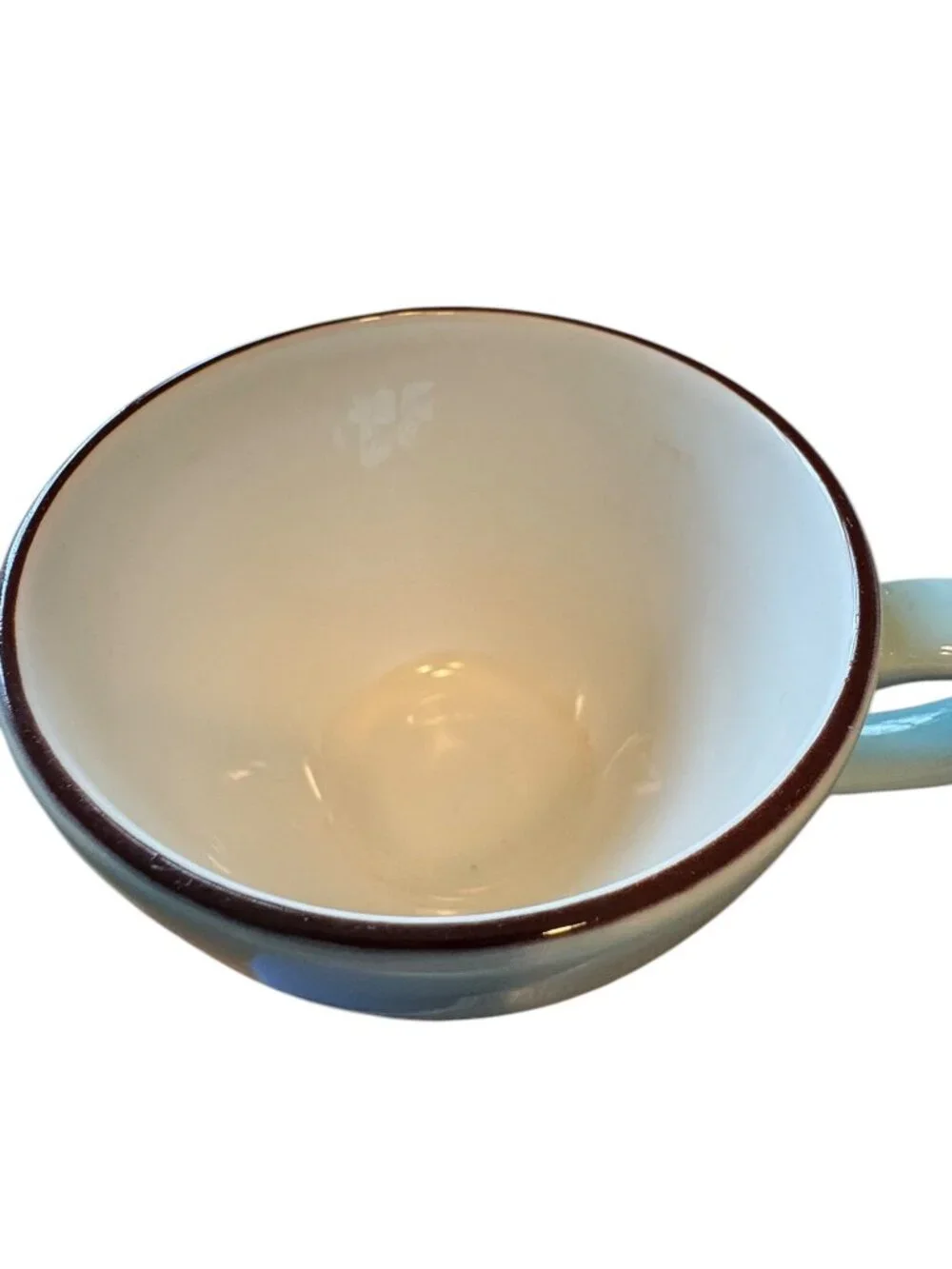 Vintage Italian Ceramic Coffee Cup With Light Blue Glaze & Brown Rim - 3